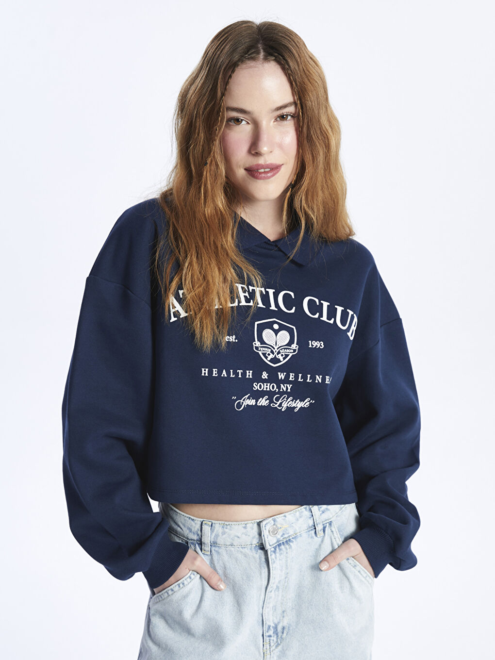 Polo Neck Printed Oversize Women's Thick Sweatshirt