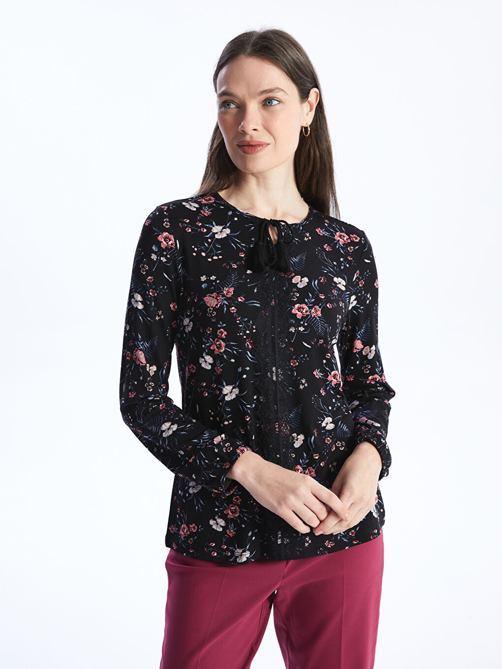 Tie Neck Floral Long Sleeve Women's Blouse
