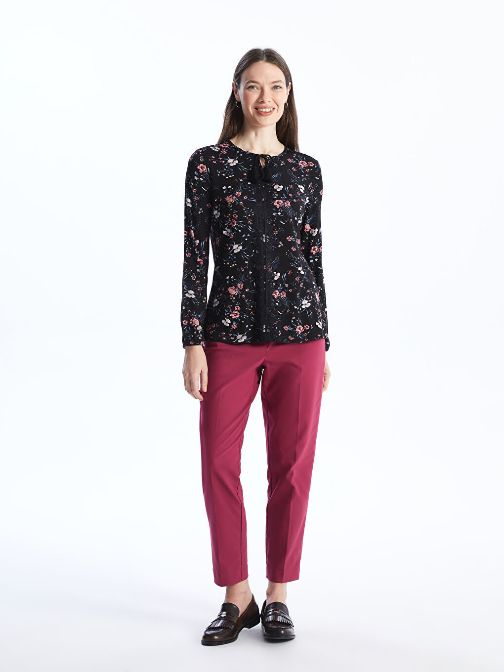 Tie Neck Floral Long Sleeve Women's Blouse-2