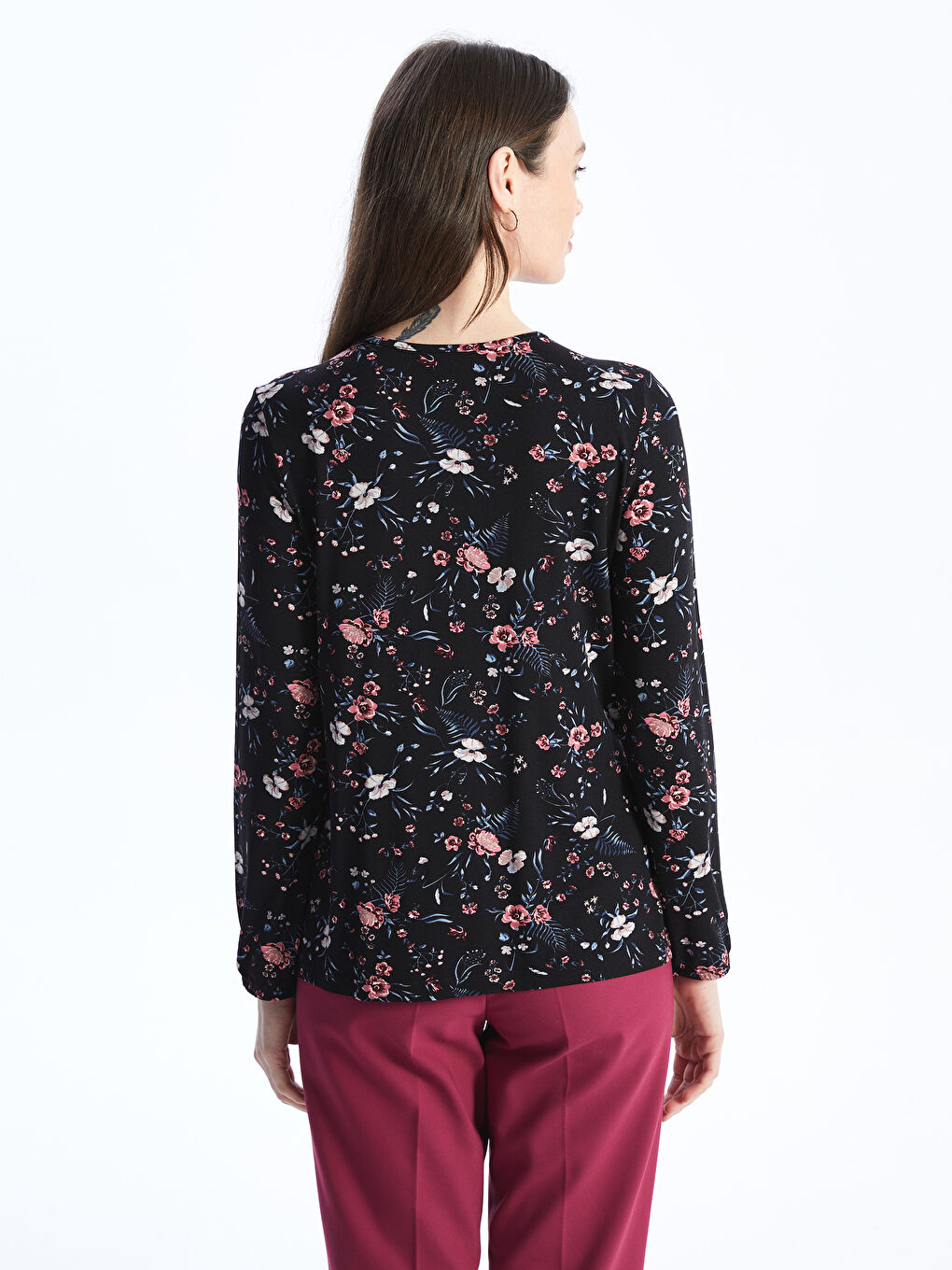 Tie Neck Floral Long Sleeve Women's Blouse-4