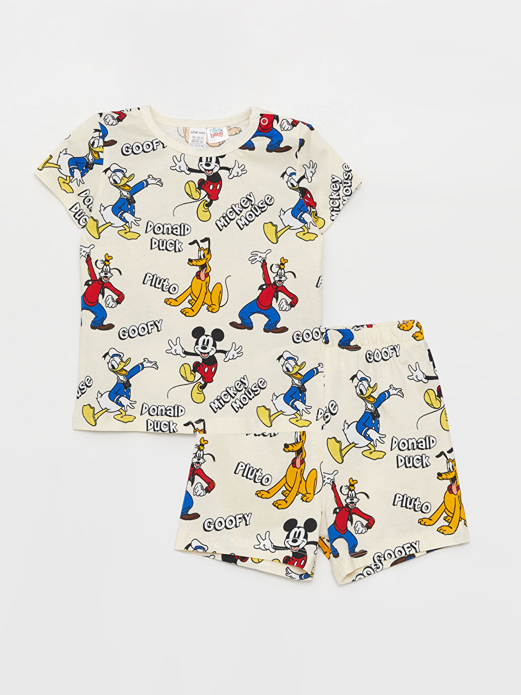 Ekru Bisiklet Yaka Kısa Kollu Mickey Mouse Baskılı Erkek Bebek Pijama Takımı