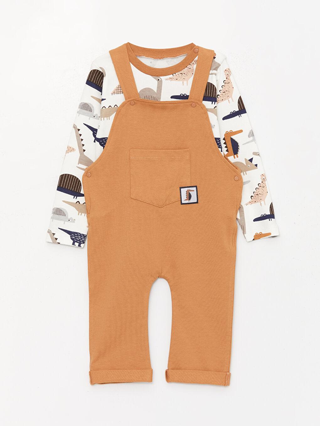 Kahverengi Bisiklet Yaka Uzun Kollu Baskılı Erkek Bebek Salopet Takımı