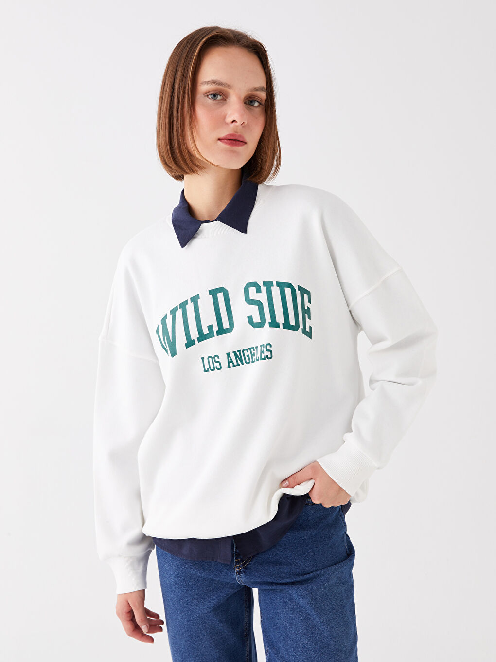 LCW Vision Ekru Bisiklet Yaka Baskılı Uzun Kollu Oversize Kadın Sweatshirt