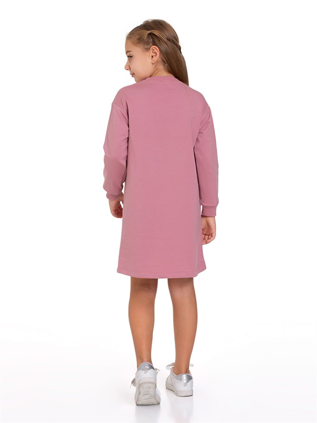 Pembe Bisiklet Yaka Baskılı Uzun Kollu Kız Çocuk Elbise-4