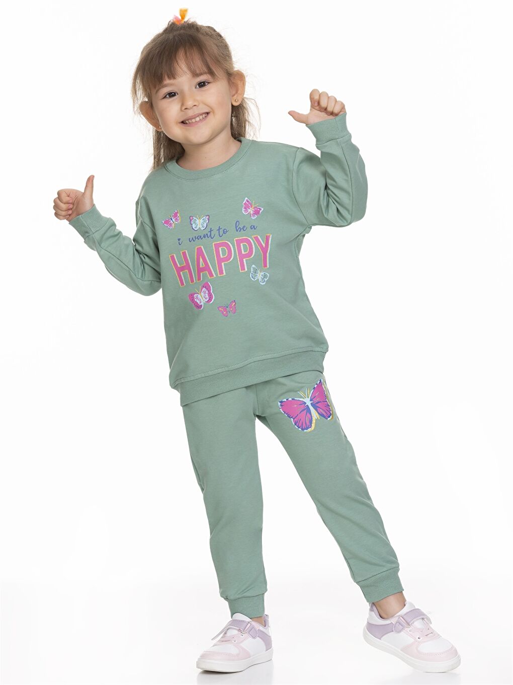 Yeşil Bisiklet Yaka Uzun Kollu Kız Bebek 2'li Takım