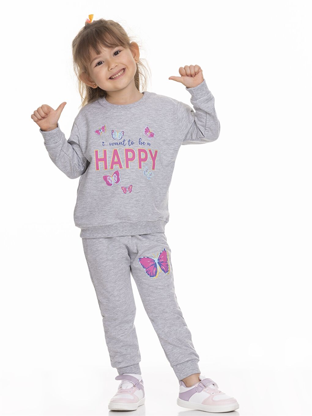 Gri Bisiklet Yaka Uzun Kollu Kız Bebek 2'li Takım-1