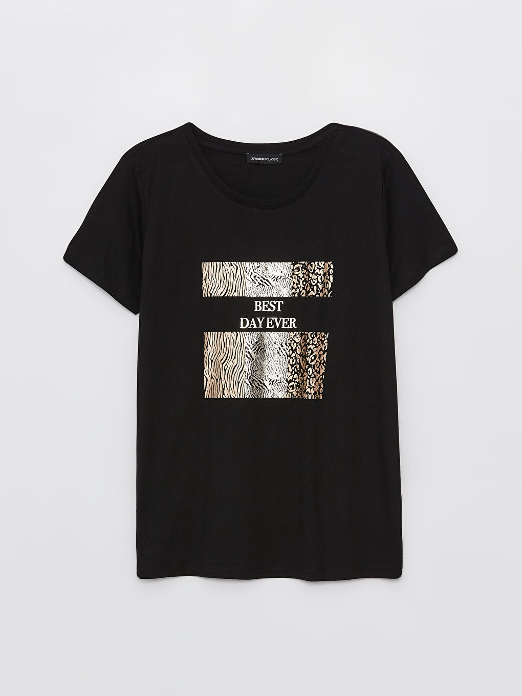 Siyah Bisiklet Yaka Baskılı Kısa Kollu Kadın Tişört-5