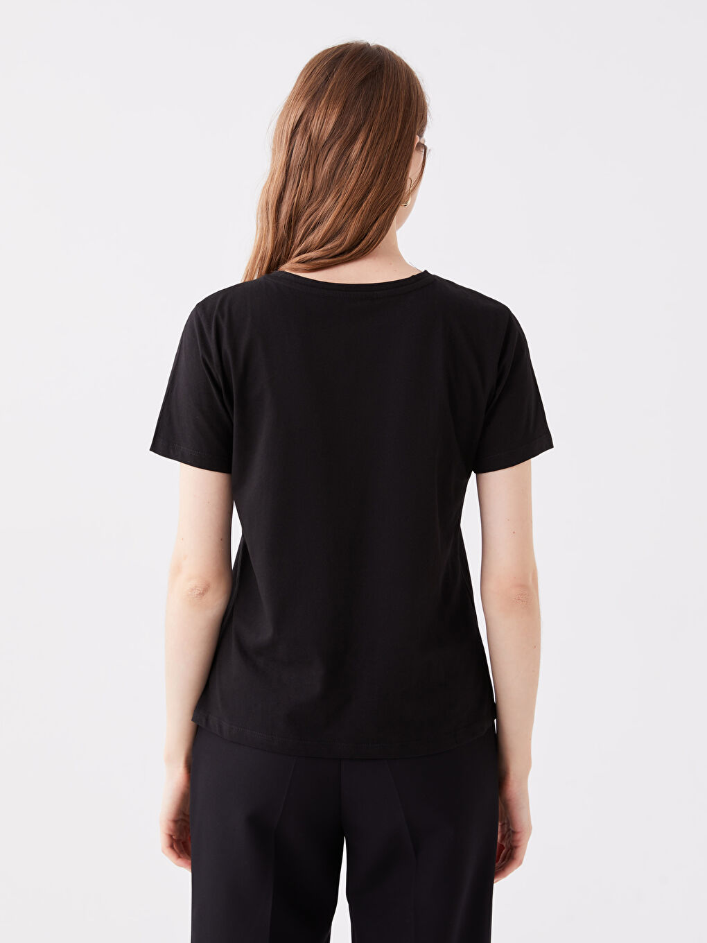 Siyah Bisiklet Yaka Baskılı Kısa Kollu Kadın Tişört-4