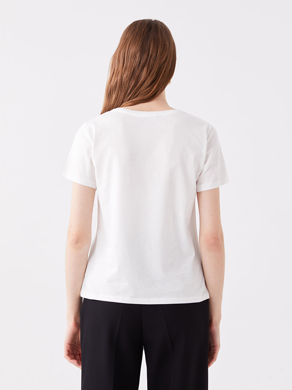 Ekru Bisiklet Yaka Baskılı Kısa Kollu Kadın Tişört-4