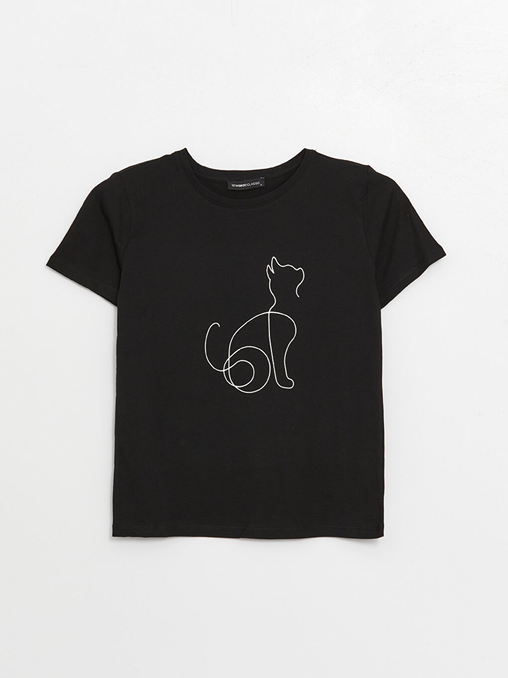 Siyah Bisiklet Yaka Baskılı Kısa Kollu Kadın Tişört-5