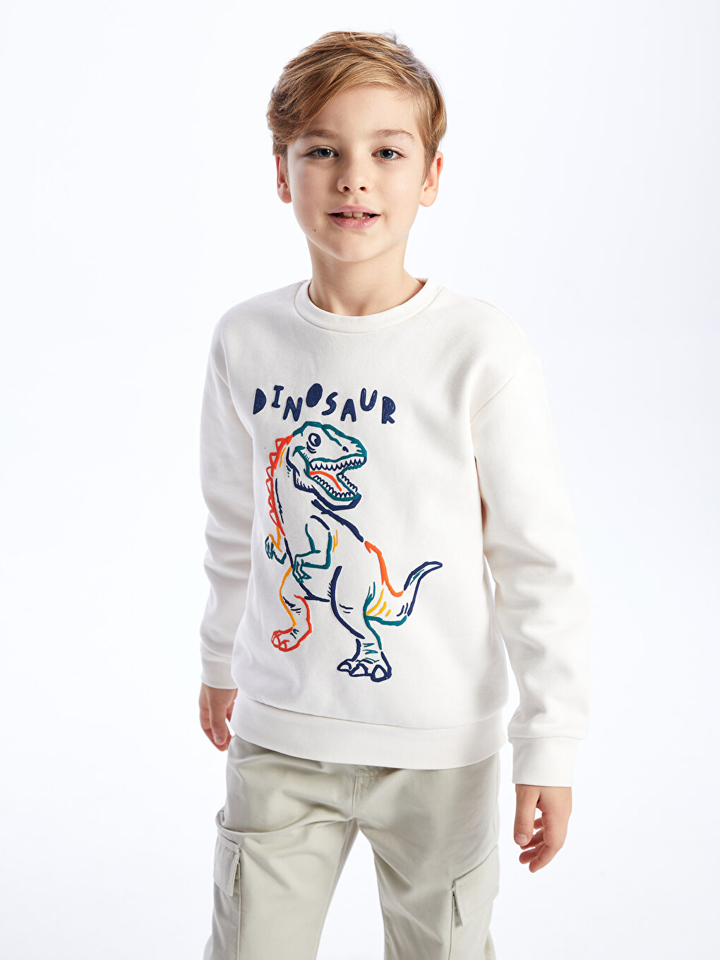 LCW Kids Ekru Bisiklet Yaka Baskılı Uzun Kollu Erkek Çocuk Sweatshirt