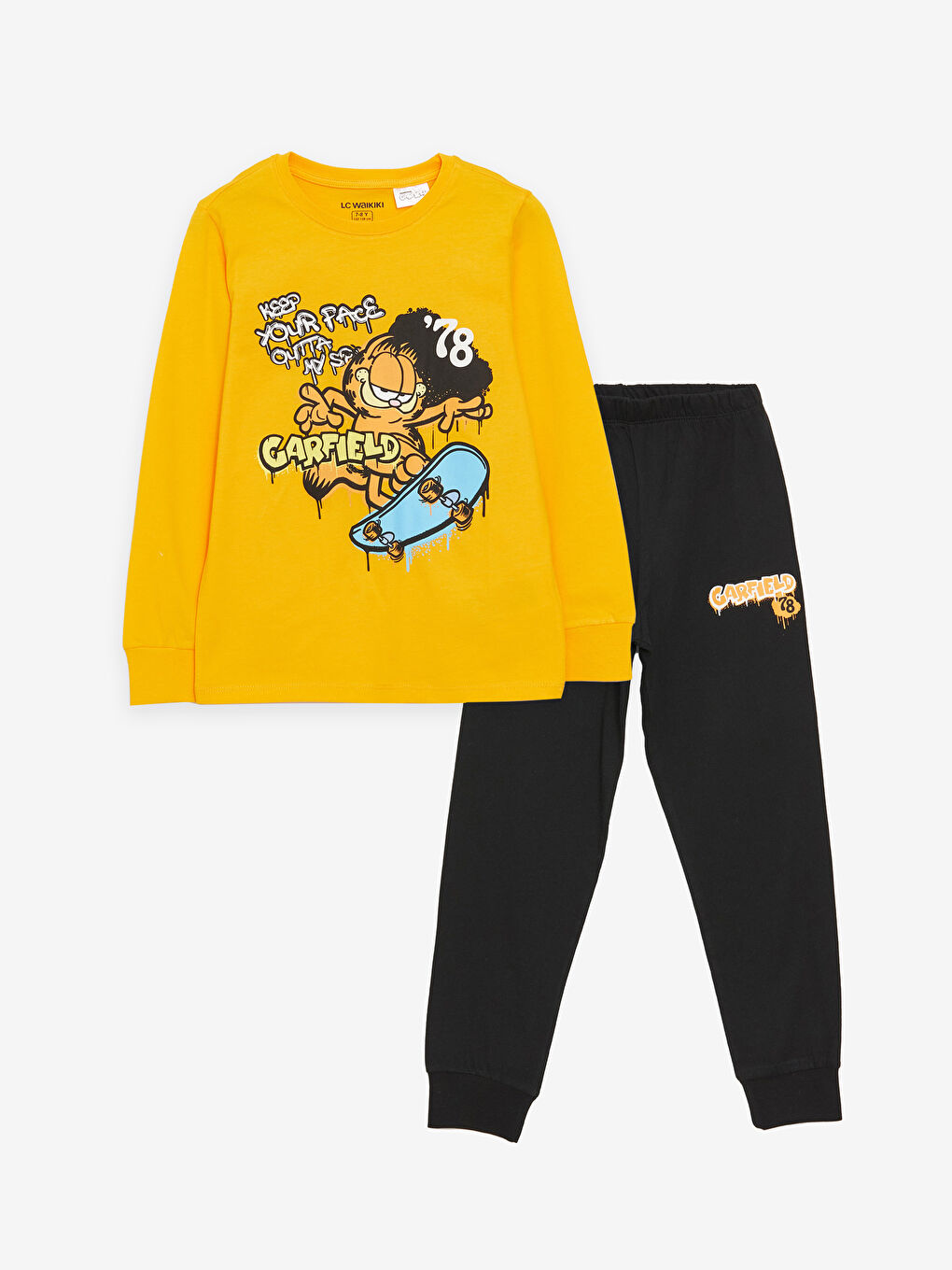 LCW Kids Turuncu Bisiklet Yaka Garfield Baskılı Uzun Kollu Erkek Çocuk Pijama Takımı