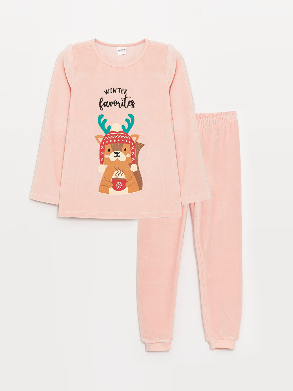 LCW Kids Pembe Bisiklet Yaka Yılbaşı Temalı Uzun Kollu Kadife Kız Çocuk Pijama Takımı