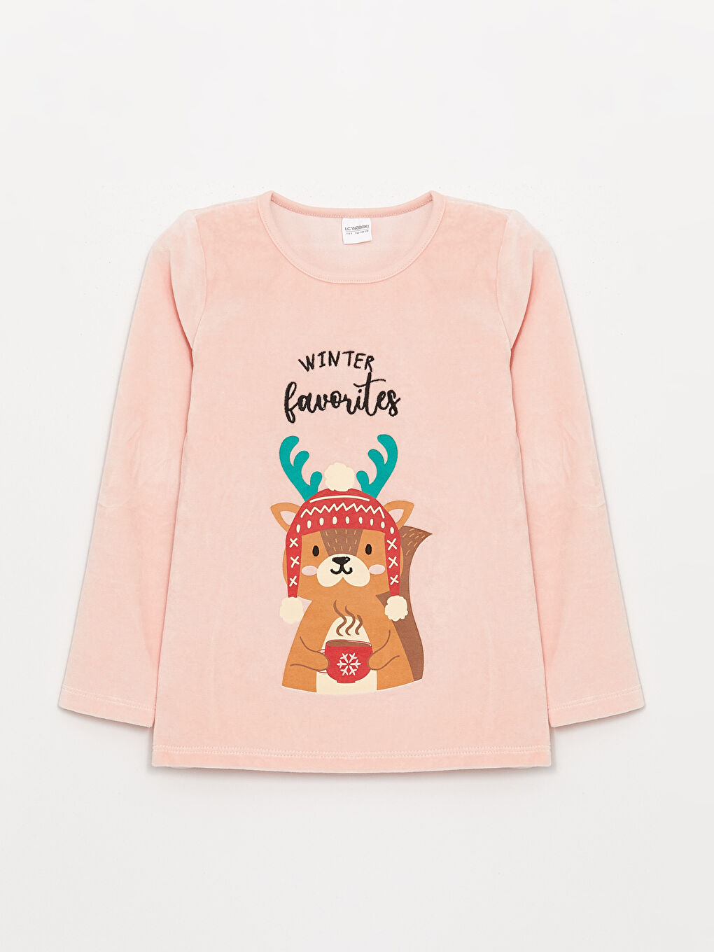 LCW Kids Pembe Bisiklet Yaka Yılbaşı Temalı Uzun Kollu Kadife Kız Çocuk Pijama Takımı - 1