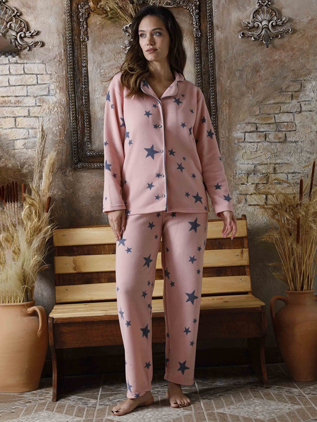 Pembe Gömlek Yaka Kadın Pijama Takımı-2