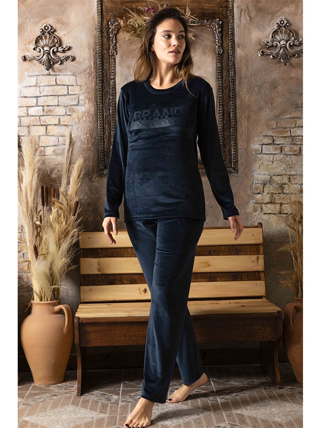 Lacivert Bisiklet Yaka Kadın Pijama Takım