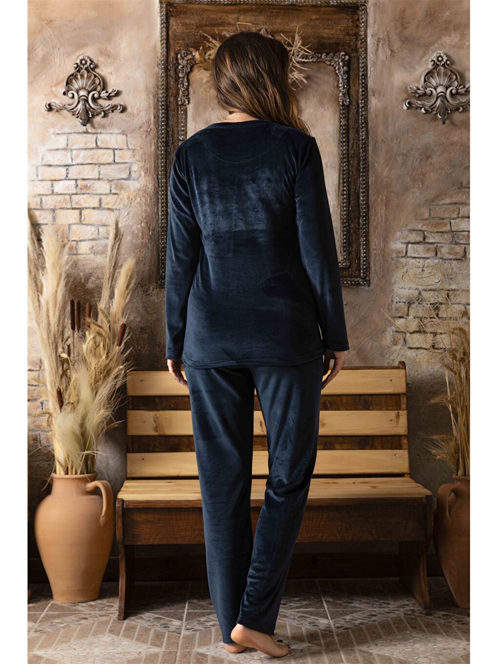 Lacivert Bisiklet Yaka Kadın Pijama Takım-1
