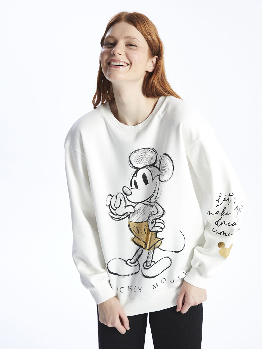 XSIDE Ekru Bisiklet Yaka Mickey Mouse Baskılı Kadın Kalın Sweatshirt