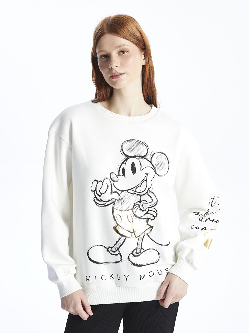 XSIDE Ekru Bisiklet Yaka Mickey Mouse Baskılı Kadın Kalın Sweatshirt - 1