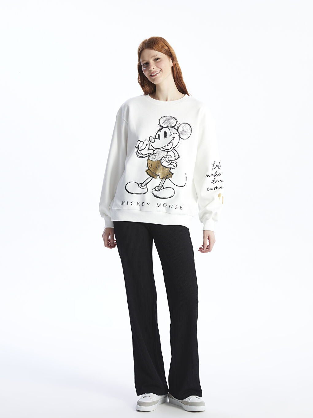 XSIDE Ekru Bisiklet Yaka Mickey Mouse Baskılı Kadın Kalın Sweatshirt - 2