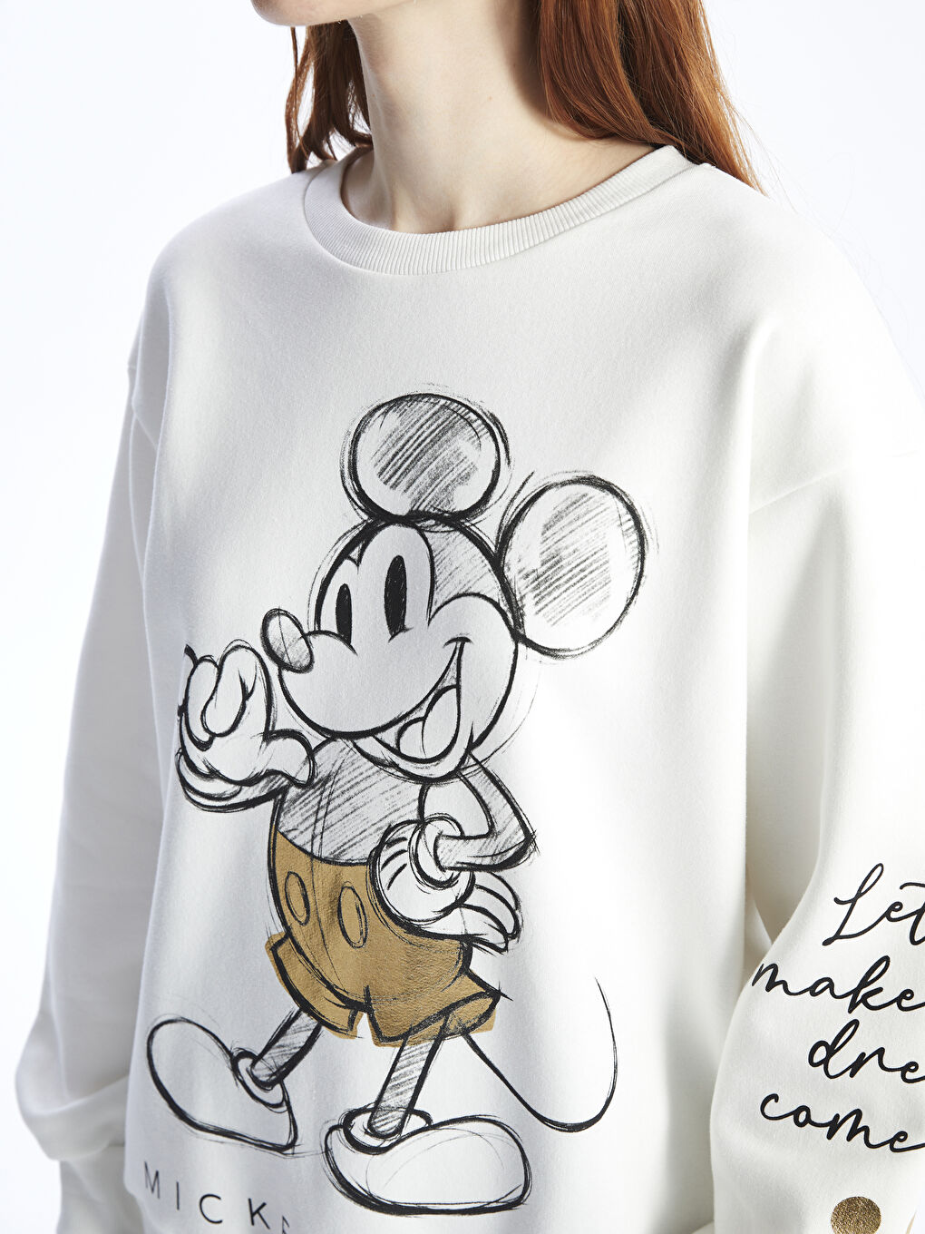 XSIDE Ekru Bisiklet Yaka Mickey Mouse Baskılı Kadın Kalın Sweatshirt - 3