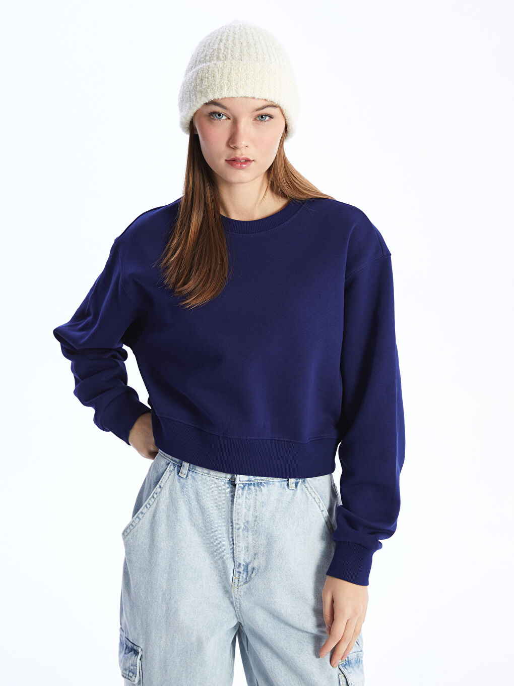 LCW Vision Lacivert Bisiklet Yaka Düz Crop Kadın Kalın Sweatshirt - 1