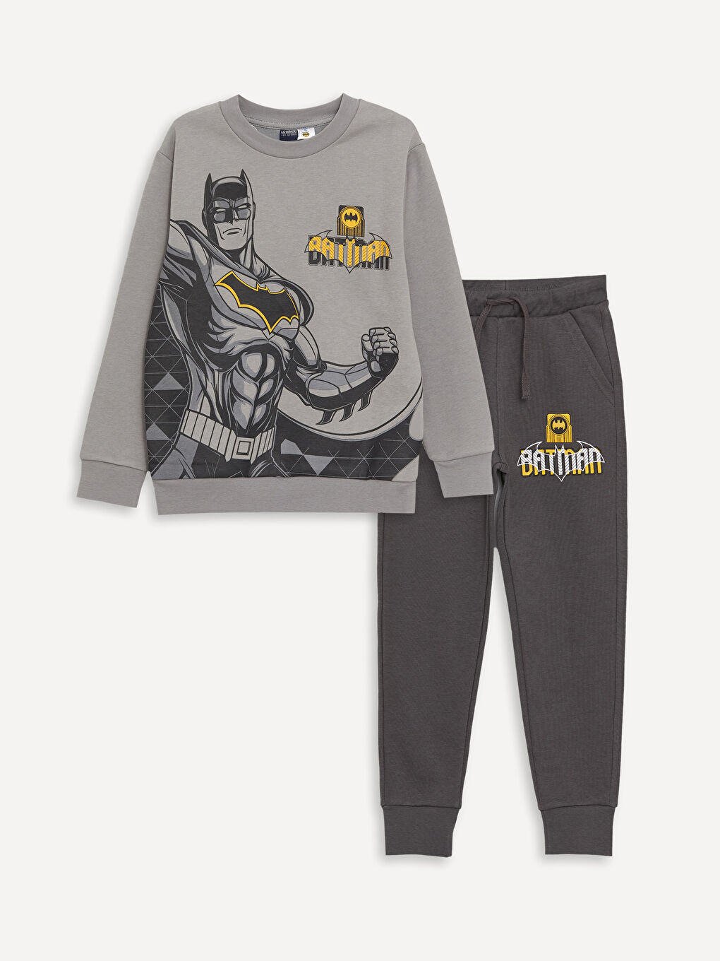 LCW Kids Gri Bisiklet Yaka Batman Baskılı Uzun Kollu Erkek Çocuk Sweatshirt ve Eşofman Altı