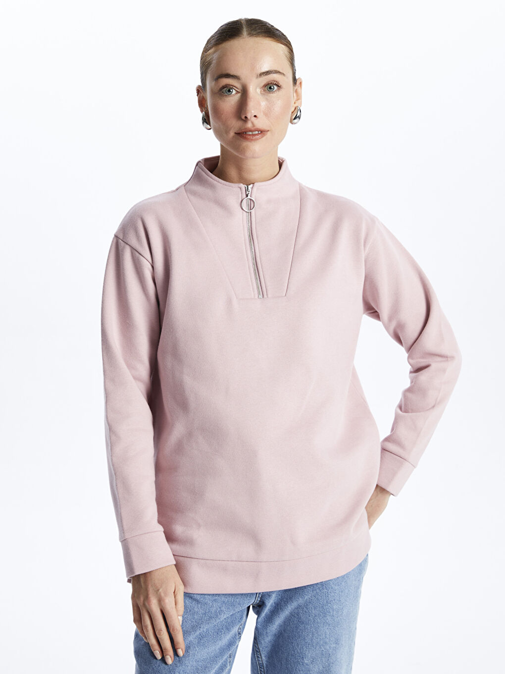 Pembe Dik Yaka Düz Uzun Kollu Kadın Sweatshirt