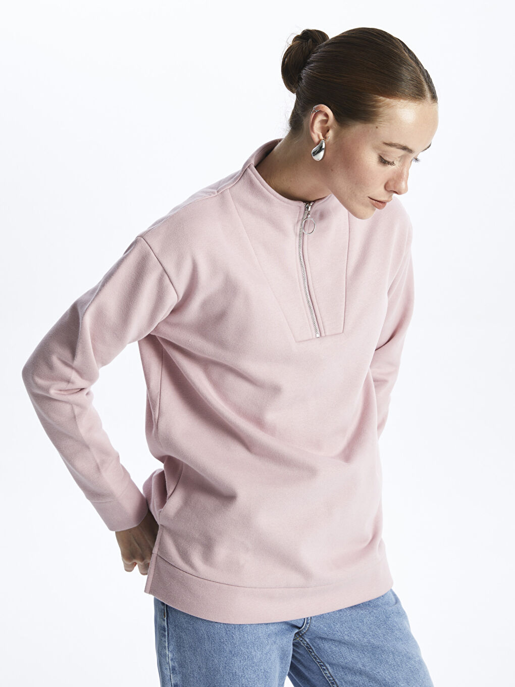 Pembe Dik Yaka Düz Uzun Kollu Kadın Sweatshirt-1