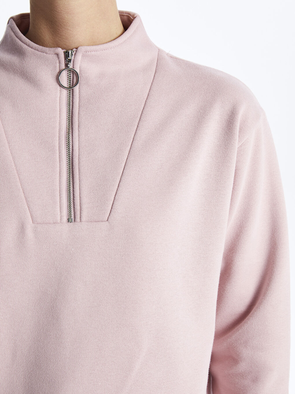 Pembe Dik Yaka Düz Uzun Kollu Kadın Sweatshirt-3