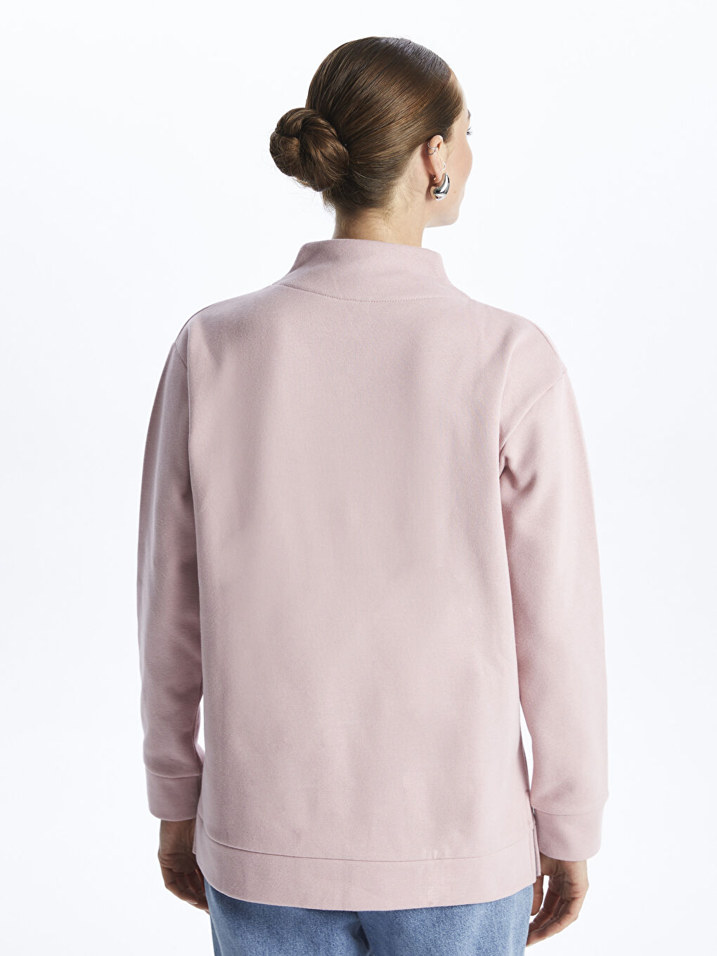 Pembe Dik Yaka Düz Uzun Kollu Kadın Sweatshirt-4