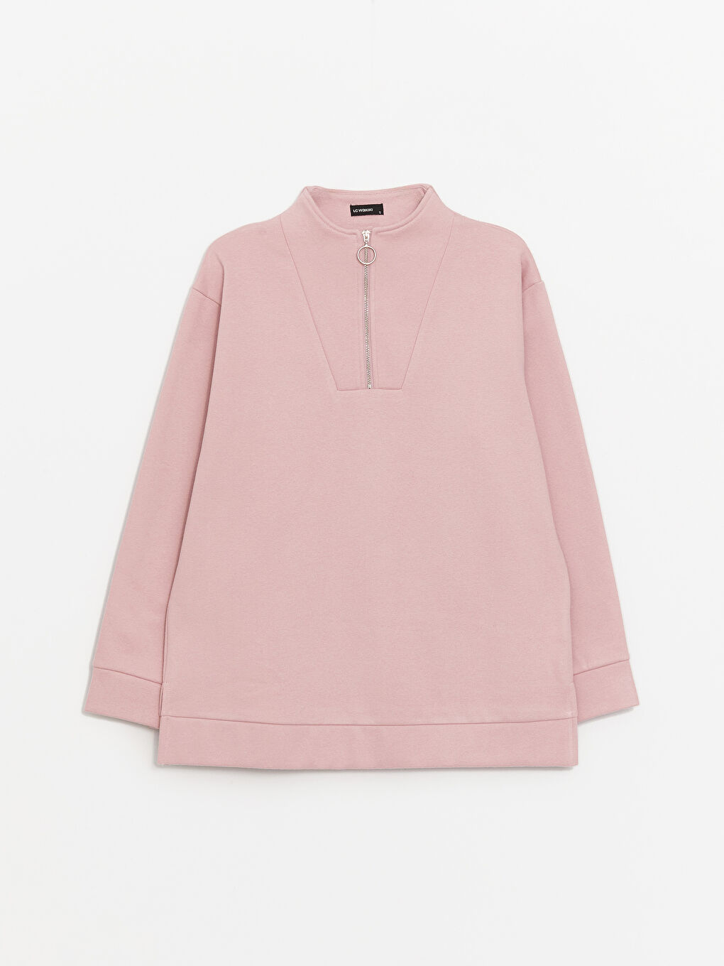 Pembe Dik Yaka Düz Uzun Kollu Kadın Sweatshirt-5