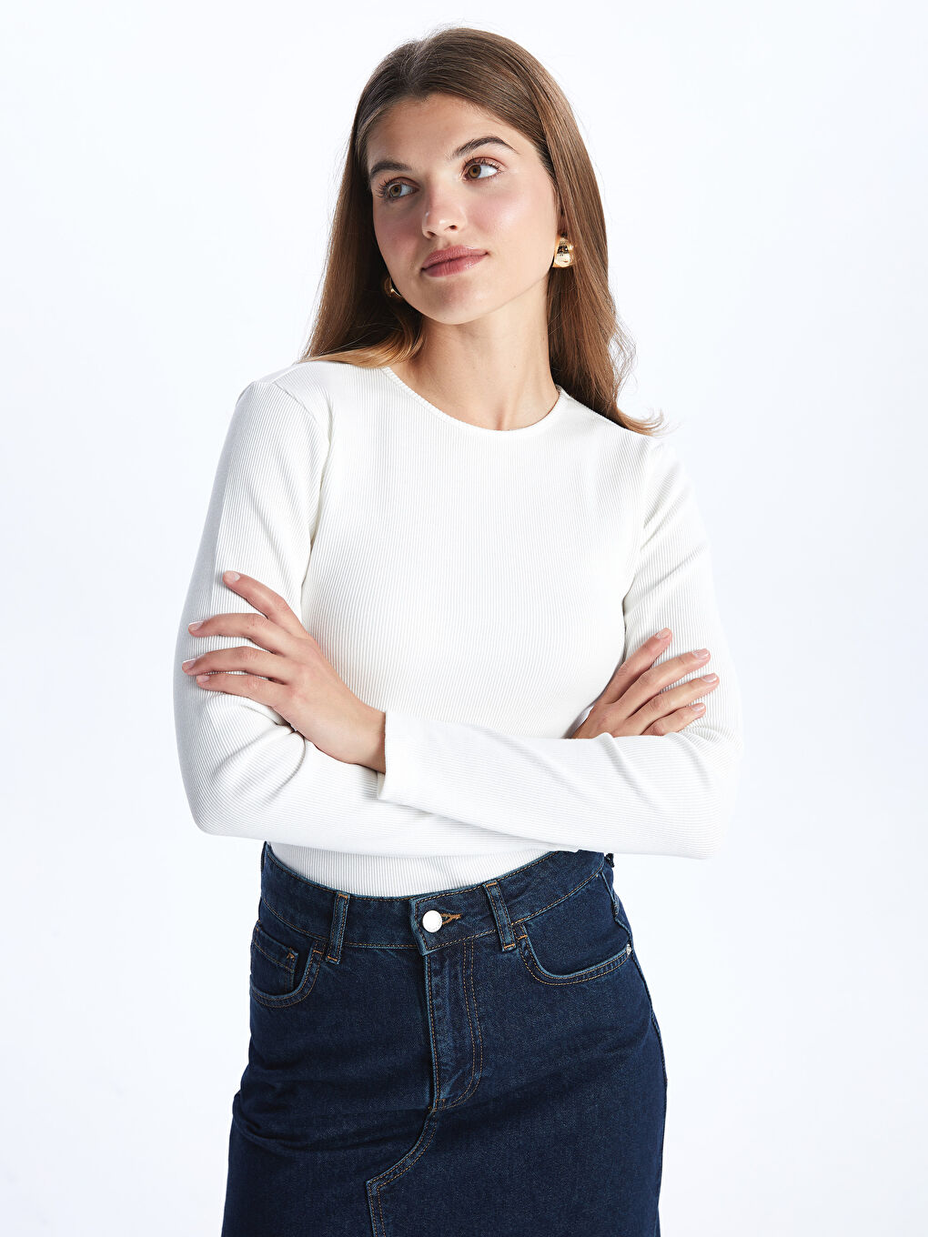 Beyaz Bisiklet Yaka Düz Uzun Kollu Kadın Tişört