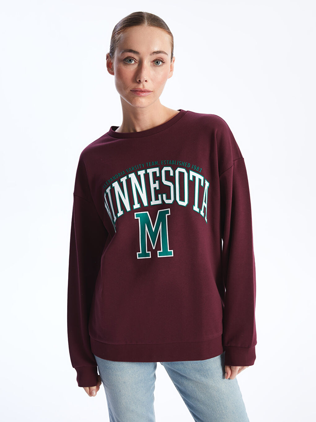 Bordo Bisiklet Yaka Baskılı Kadın Kalın Sweatshirt