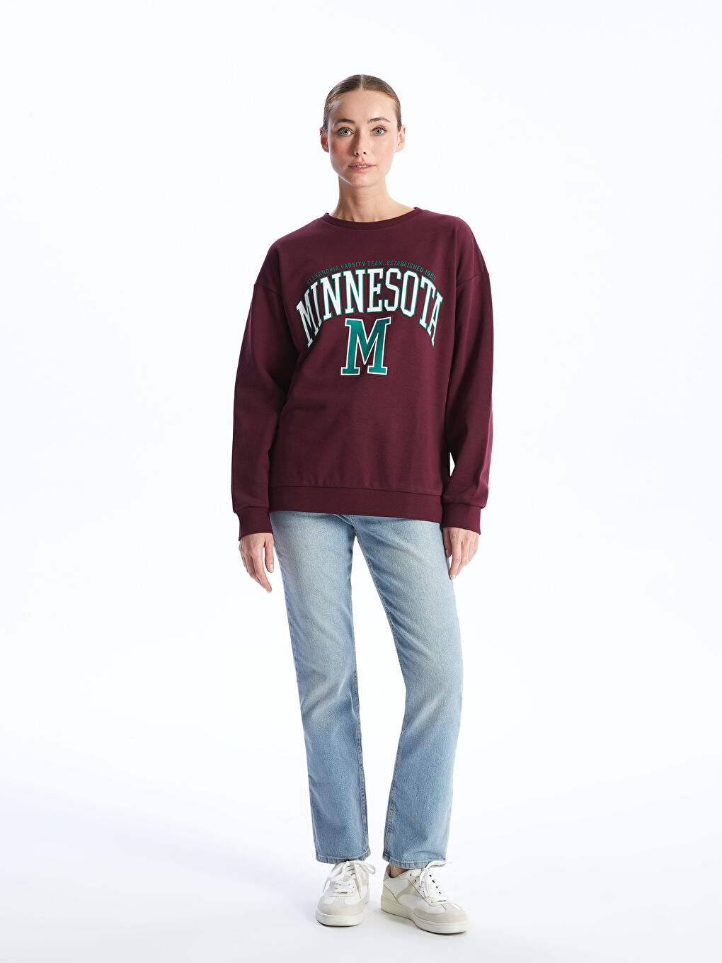 Bordo Bisiklet Yaka Baskılı Kadın Kalın Sweatshirt-2