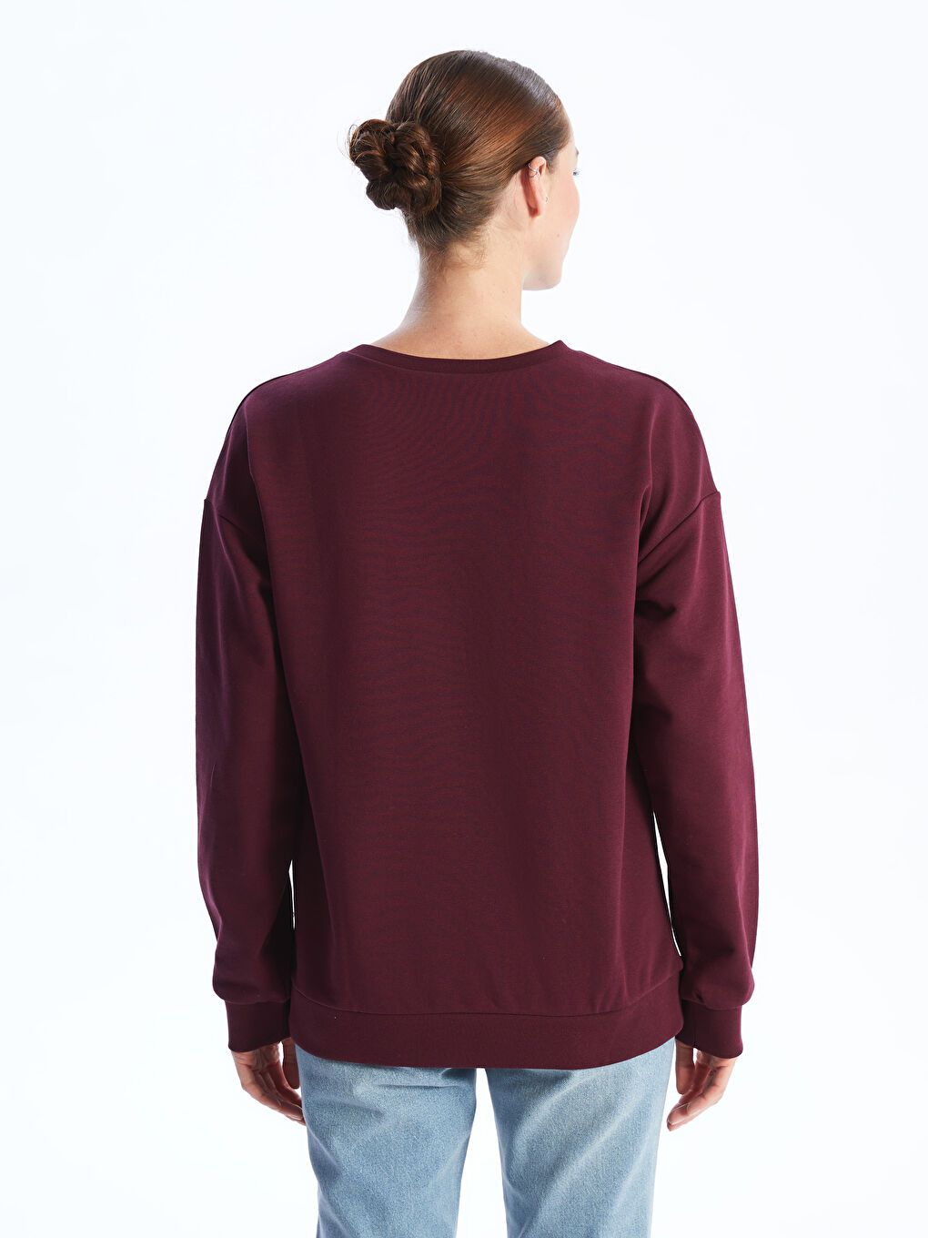 Bordo Bisiklet Yaka Baskılı Kadın Kalın Sweatshirt-4