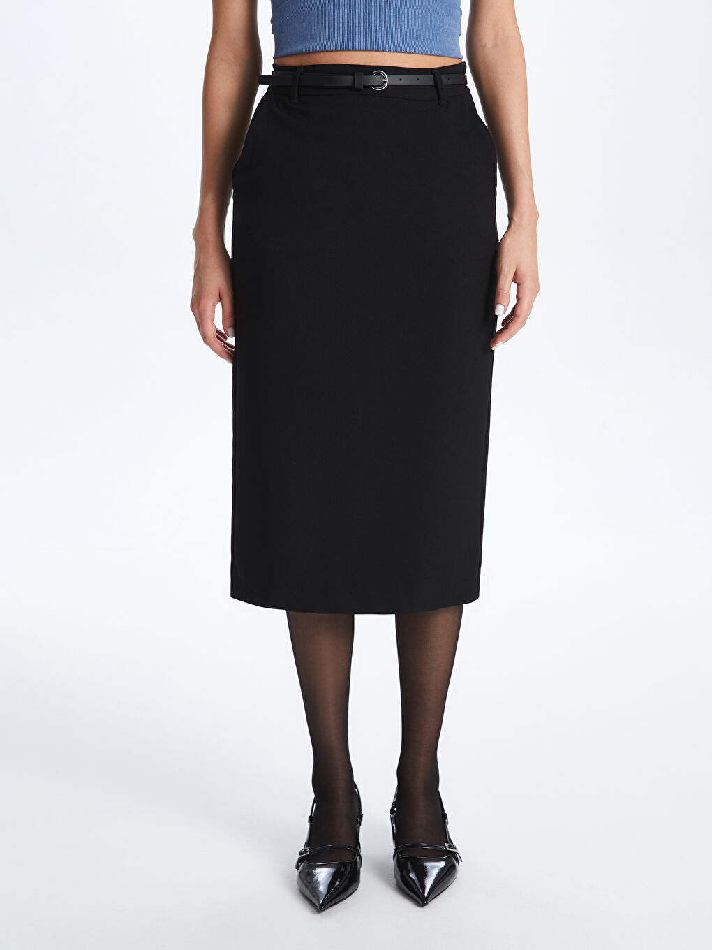Siyah Beli Kemerli Standart Fit Kadın Etek-2