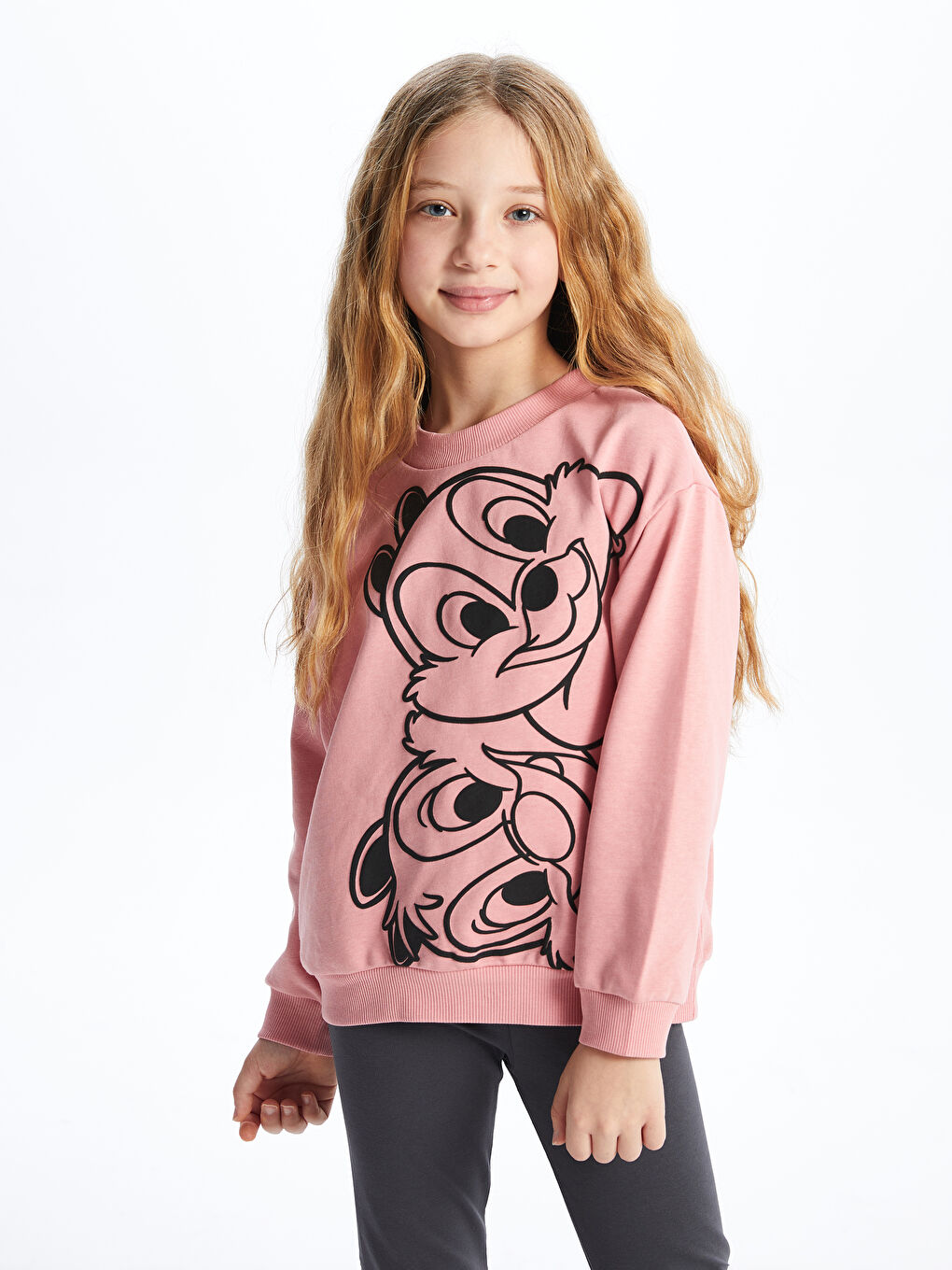 LCW Kids Mat Pembe Bisiklet Yaka Chip'n Dale Baskılı Uzun Kollu Kız Çocuk Sweatshirt