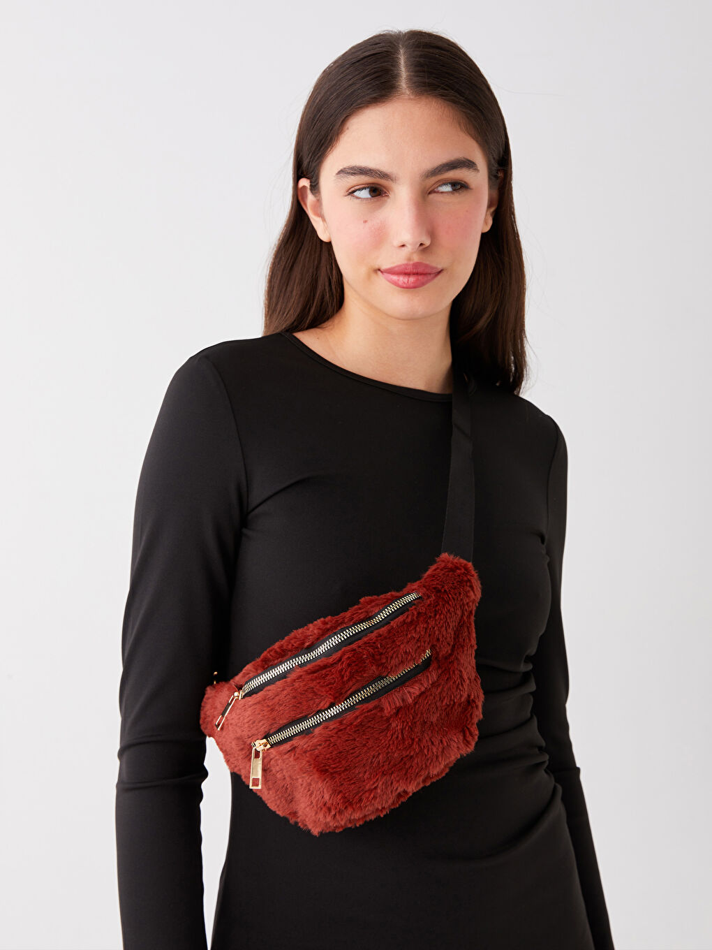 Kırmızı Pelüş Kadın Bel Çantası