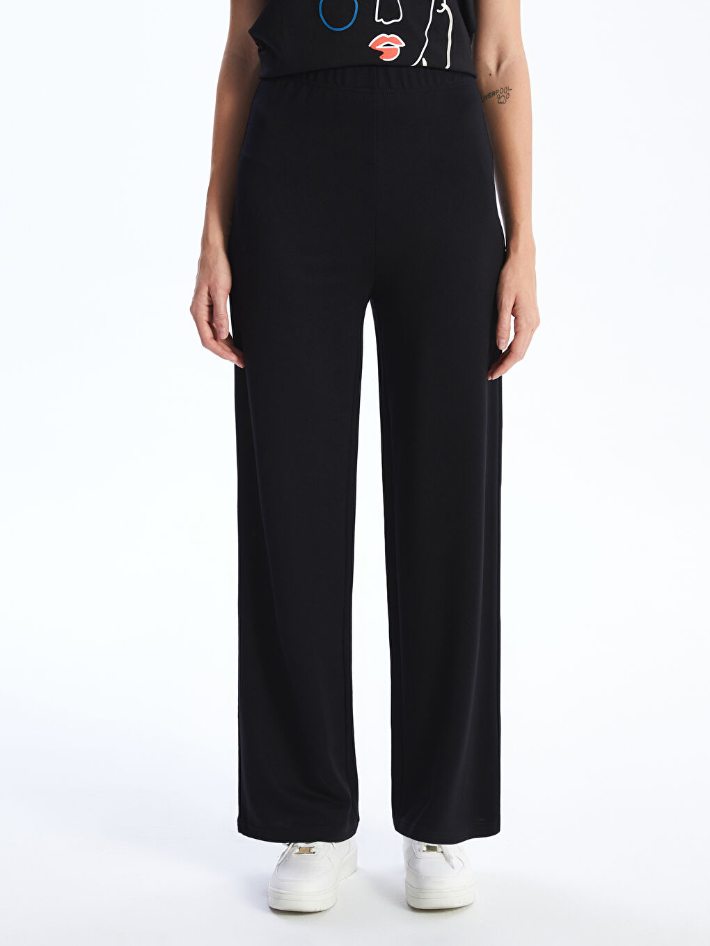 Siyah Beli Lastikli Düz Geniş Paça Kadın Eşofman Altı-2