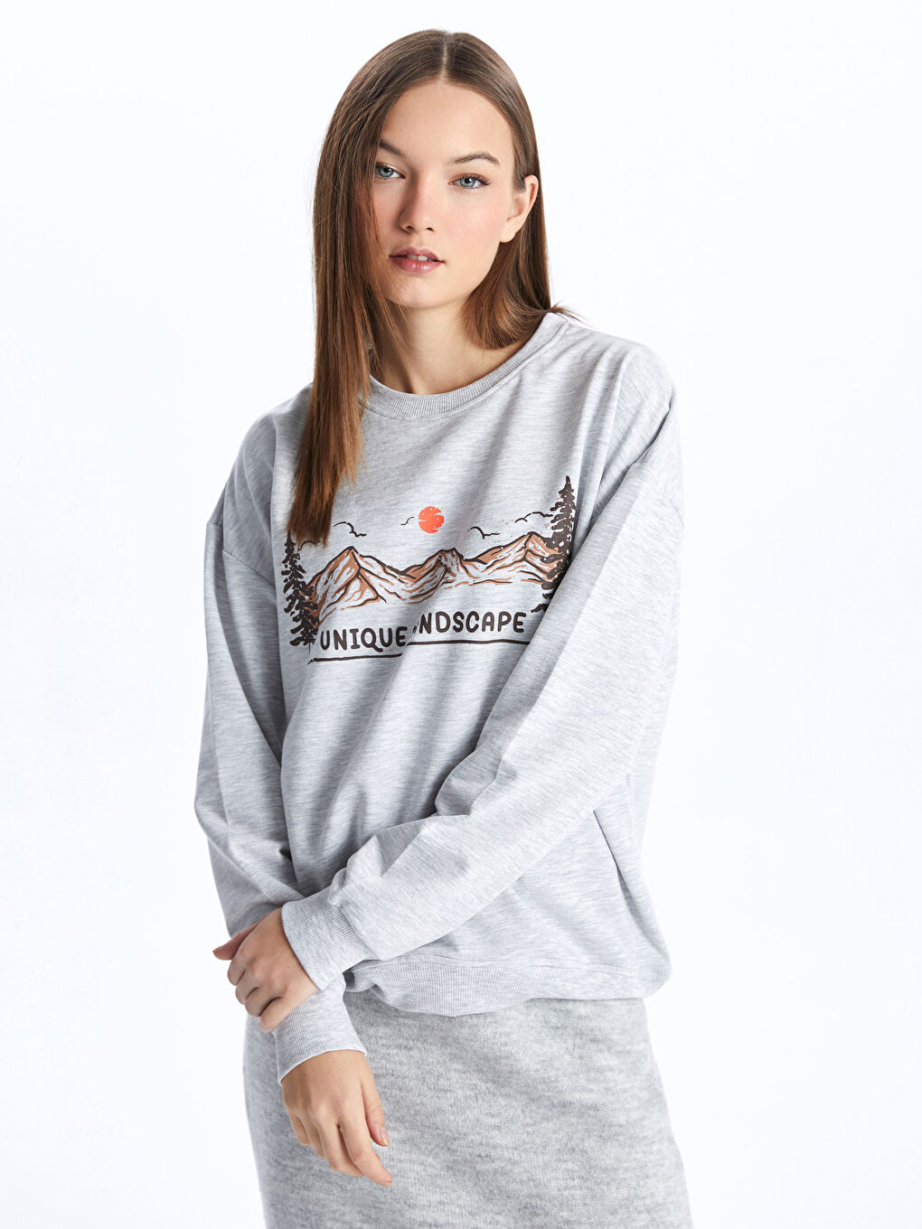 CALİMERA MODA Gri Bisiklet Yaka Kadın Sweatshirt