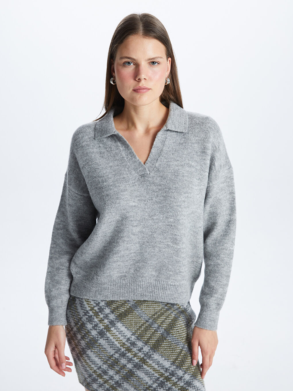 سترة تريكو كم طويل أوفرسايز نساء كول مدور بسيط-1