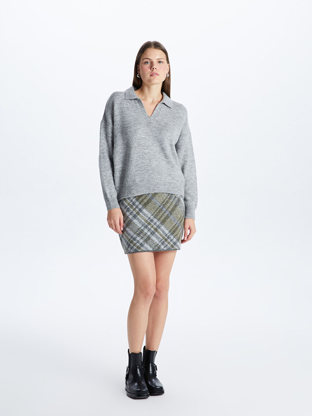 سترة تريكو كم طويل أوفرسايز نساء كول مدور بسيط-2