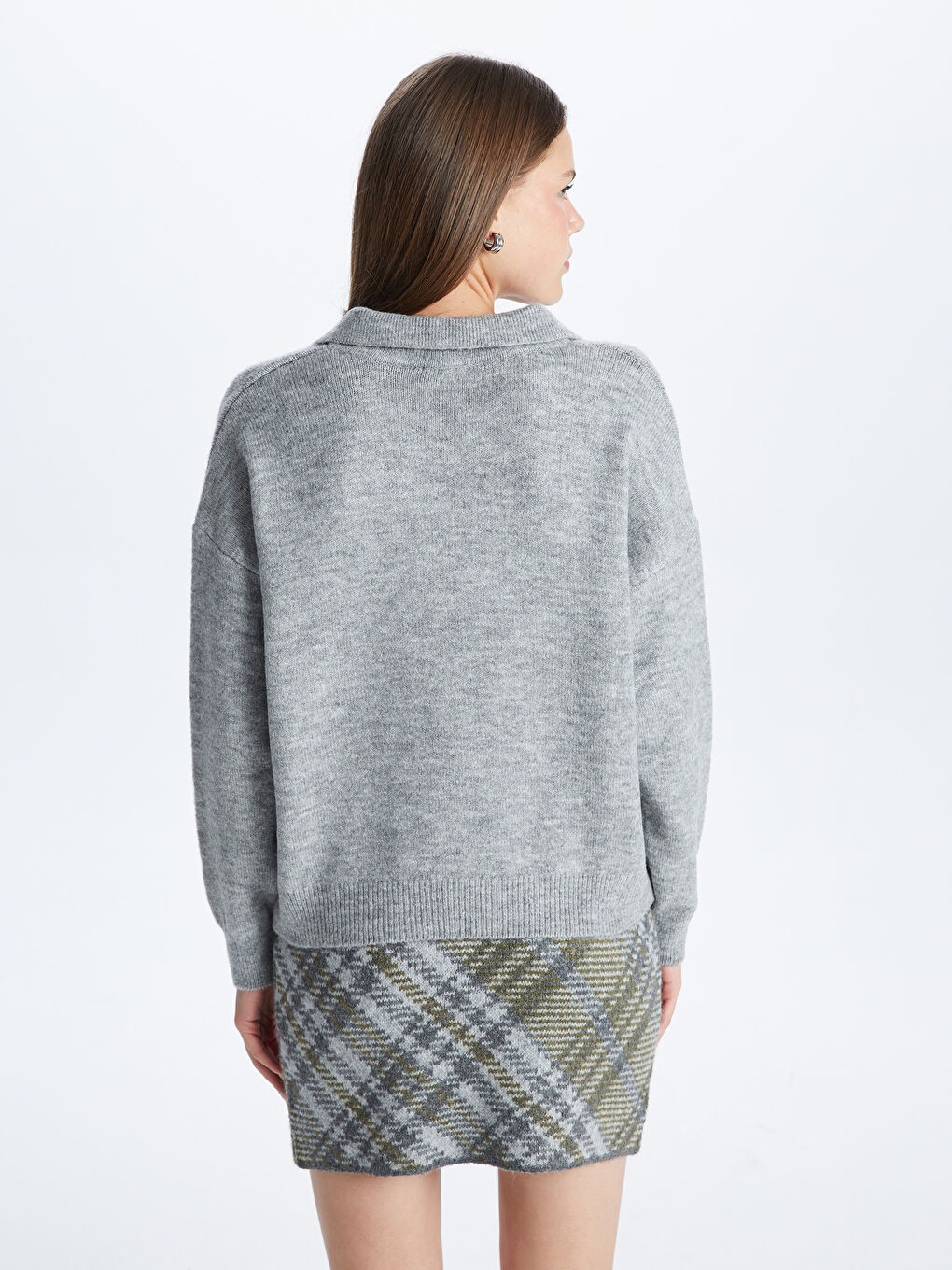 سترة تريكو كم طويل أوفرسايز نساء كول مدور بسيط-4