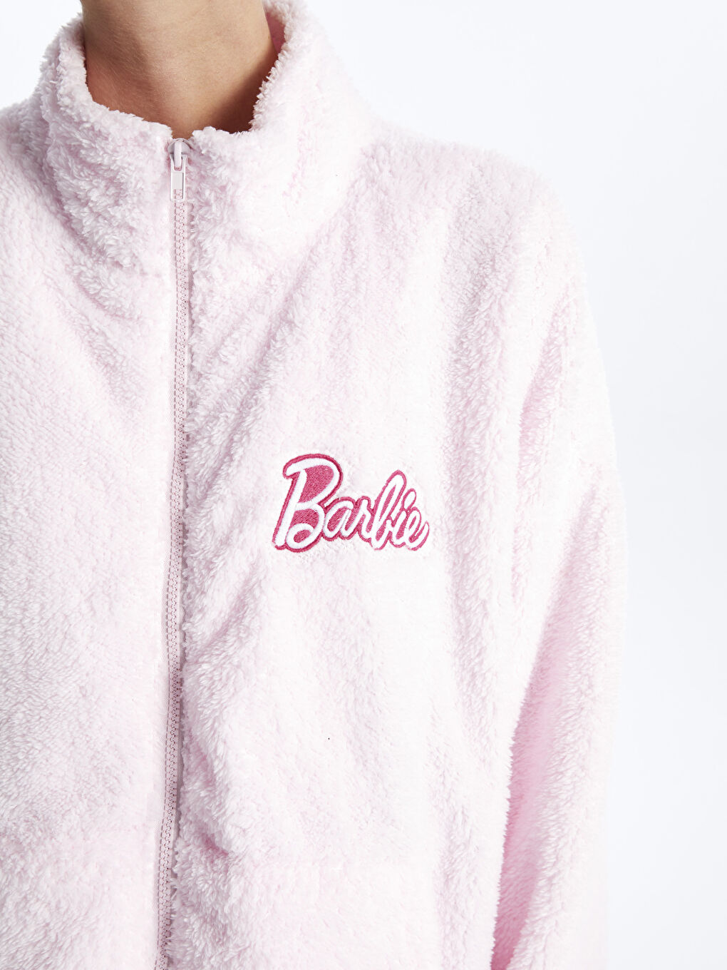 Pembe Dik Yaka Barbie Nakışlı Uzun Kollu Kadın Fermuarlı Sweatshirt-3