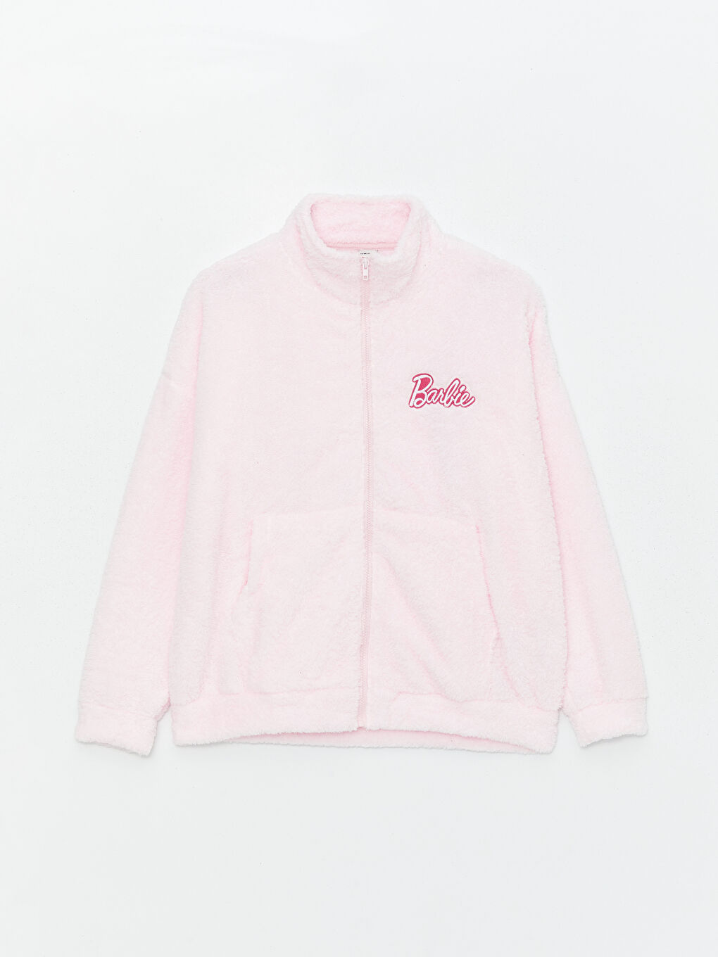 Pembe Dik Yaka Barbie Nakışlı Uzun Kollu Kadın Fermuarlı Sweatshirt-5