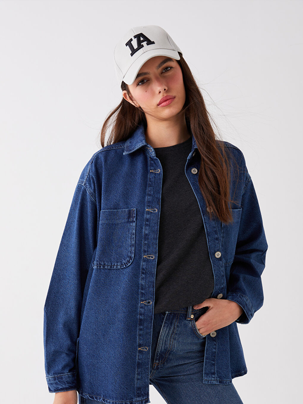 LCW Jeans Koyu Rodeo Oversize Kadın Jean Gömlek Ceket