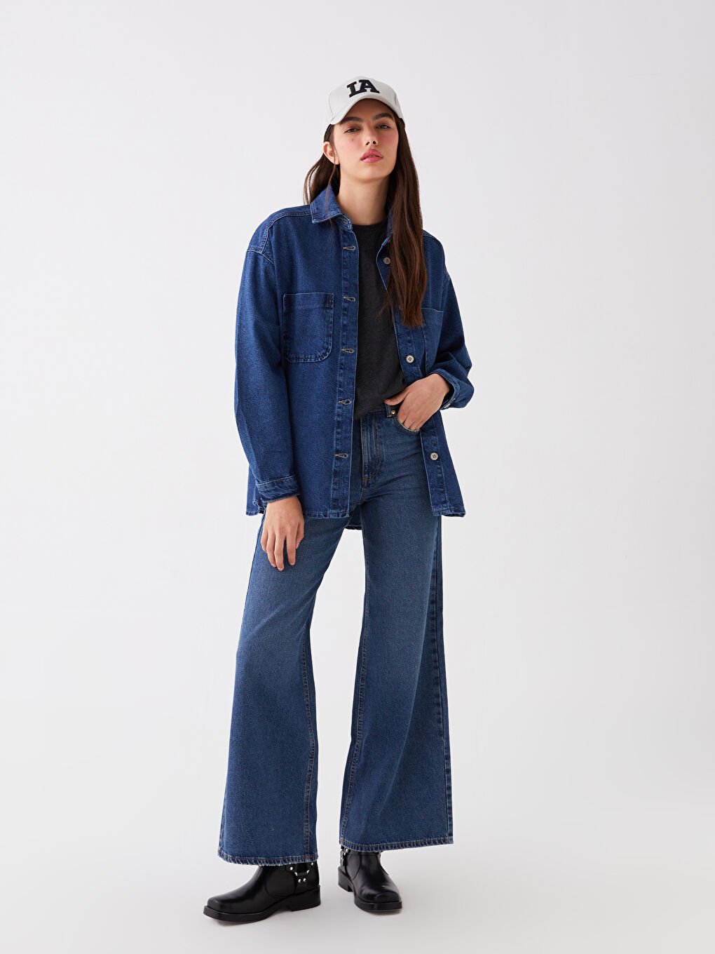 LCW Jeans Koyu Rodeo Oversize Kadın Jean Gömlek Ceket - 2