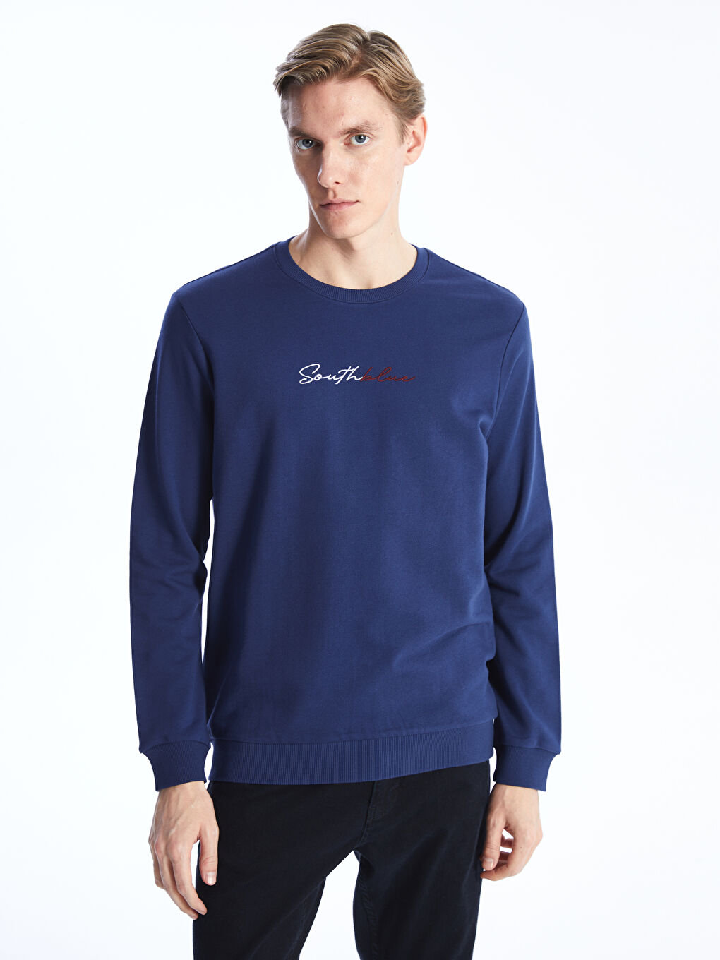 SOUTHBLUE Açık Lacivert Bisiklet Yaka Uzun Kollu Baskılı Erkek Sweatshirt