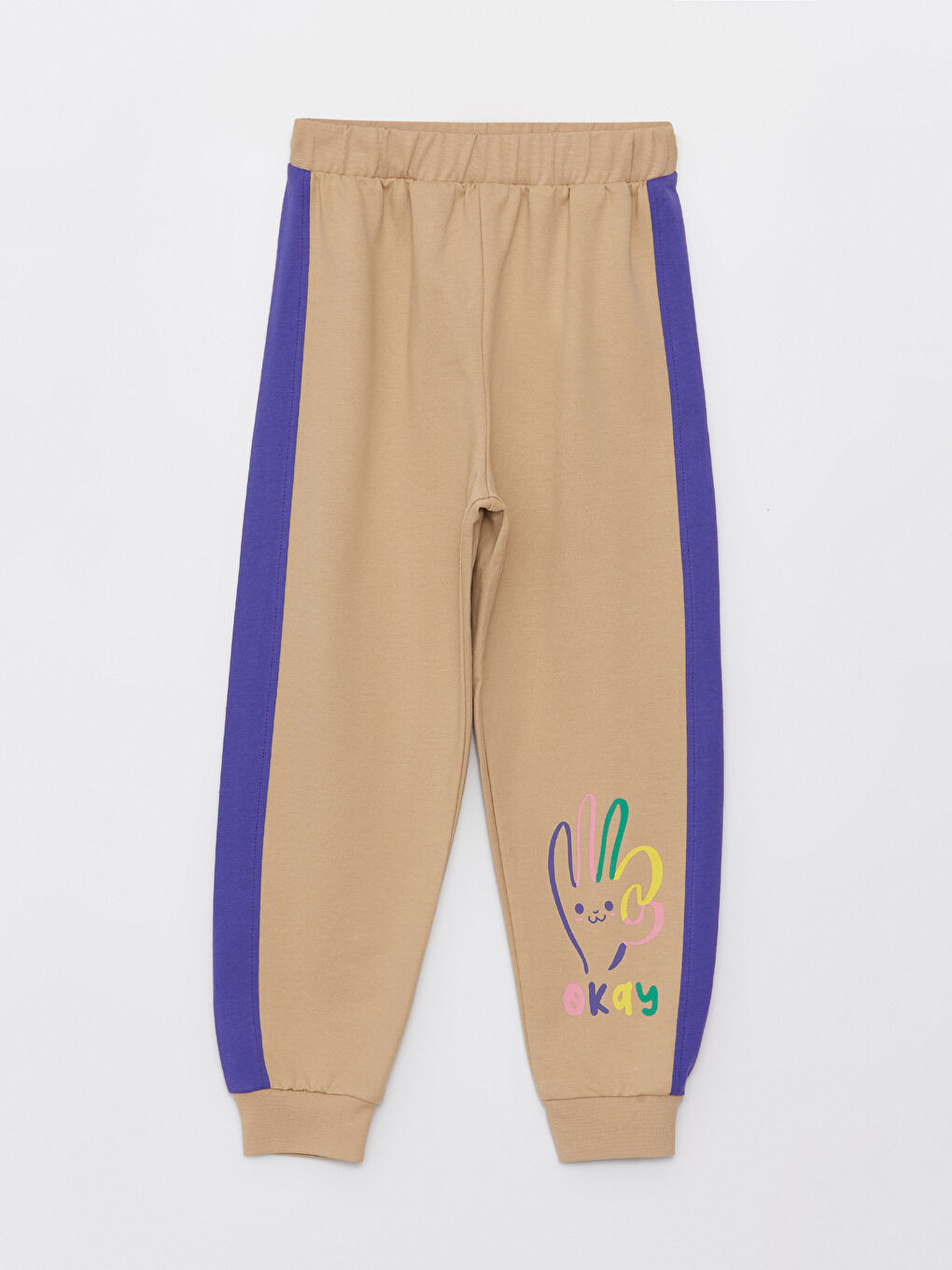 Bej Beli Lastikli Baskılı Kız Çocuk Eşofman Altı